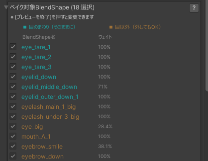 ベイク対象の一覧。シアンの目まわりとオレンジの口・眉のBlendShape