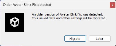 Unity's migration dialog with Migrate and Later buttons